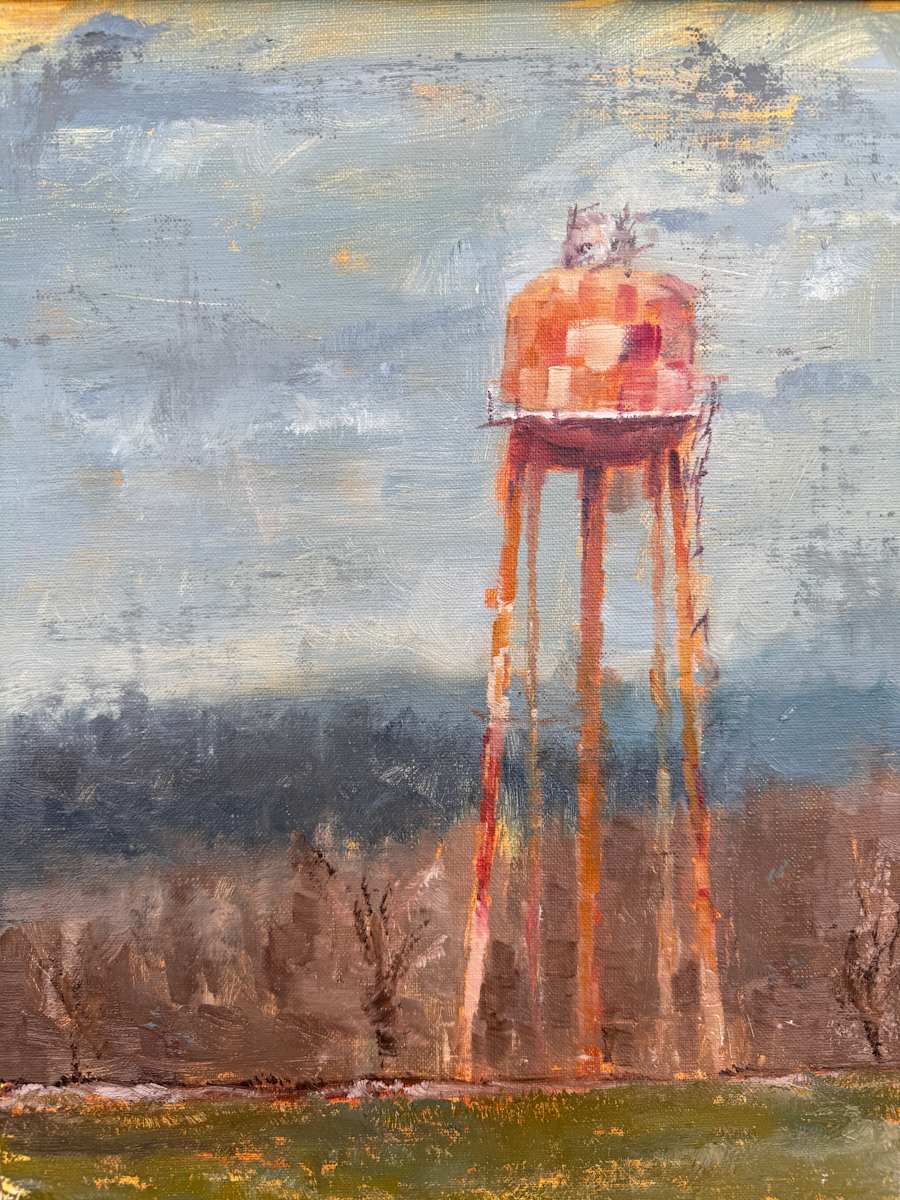 Oil painting of a tall rust-colored water tower against a cool, overcast sky, with bare trees and grassy foreground.