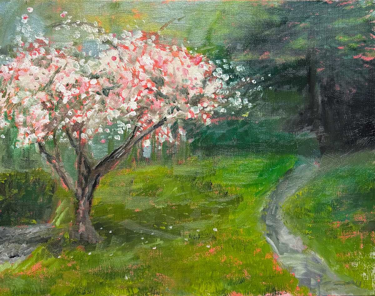 Oil painting of an apple tree in full blossom, its branches covered in pale blooms against a soft sky, with painterly, textured brushstrokes
