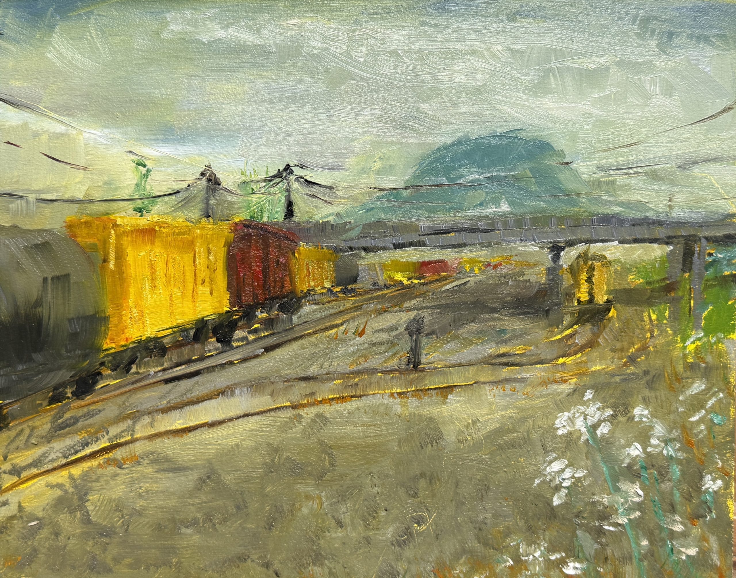 Impressionistic landscape painting of a Union Pacific rail yard with overhead wires and distant hills
