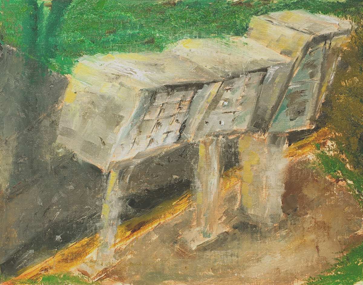 Oil painting of three weathered neighborhood mailboxes in sunlight, with textured brushstrokes and green and earthy background tones.