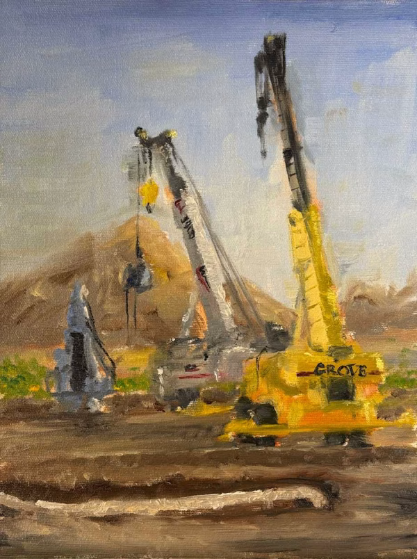 Oil painting of construction cranes in the morning light with mountains in the background.